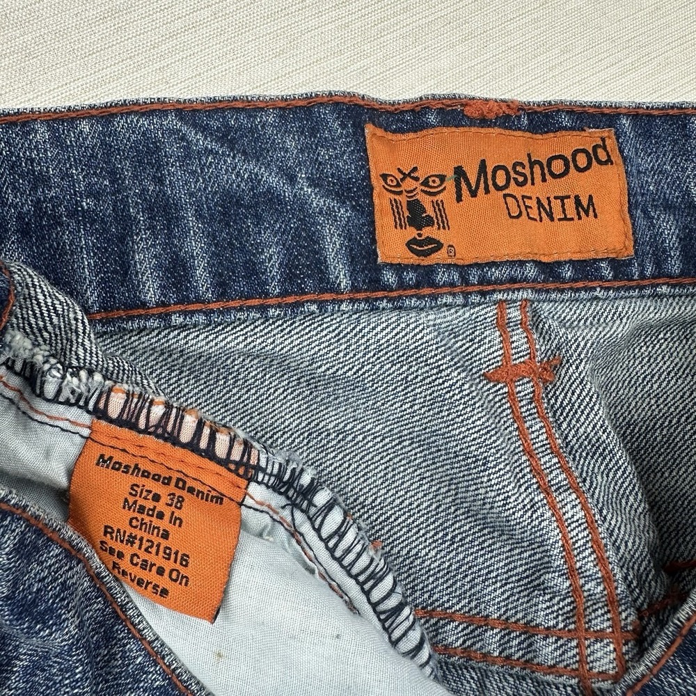 Moshood Denim Wide Leg Embroidered Jeans Raw Edge Cuff Men 39x29 Med Wash - Picture 11 of 13
